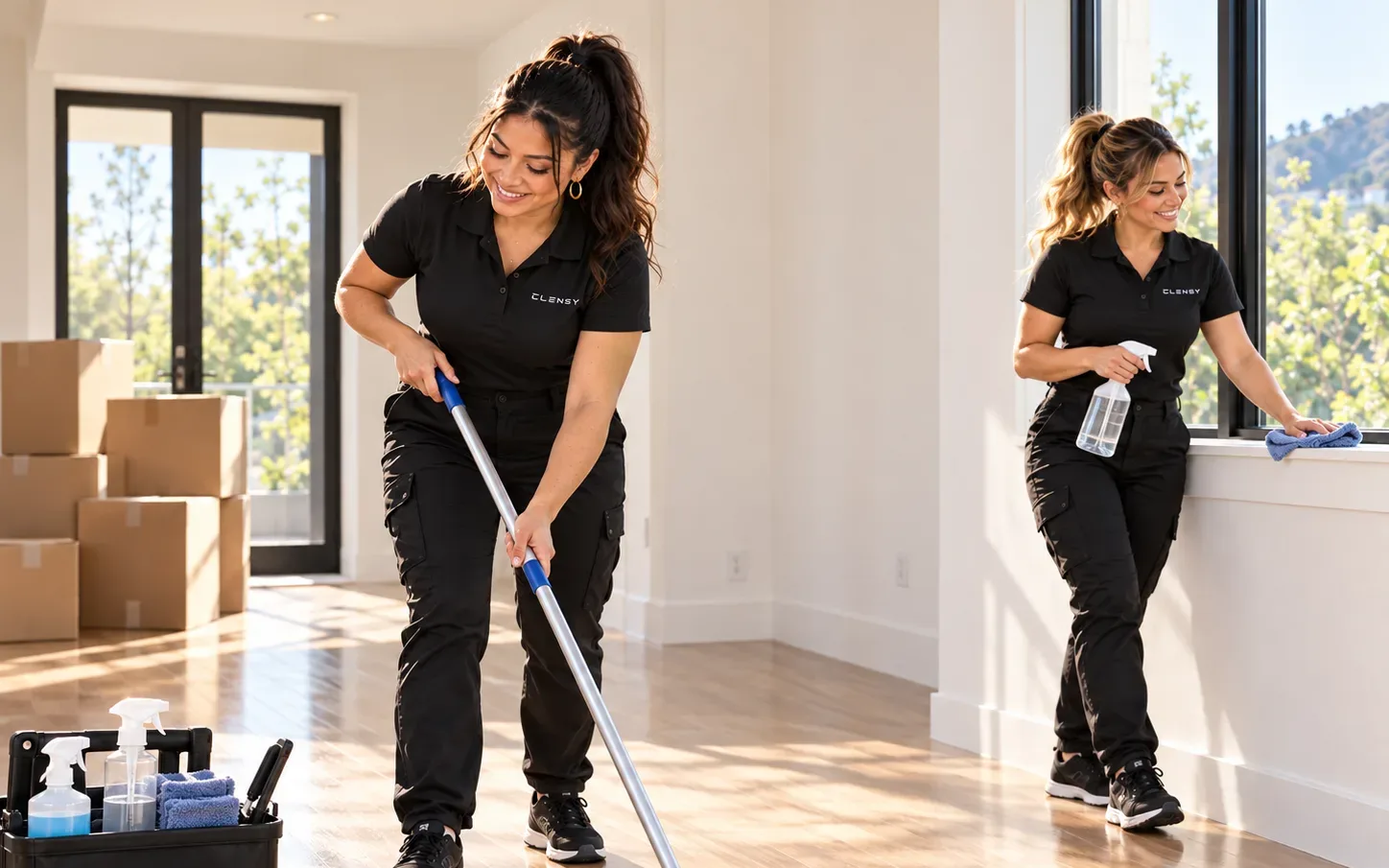 Clensy cleaners in uniform mopping an empty home before a move-in