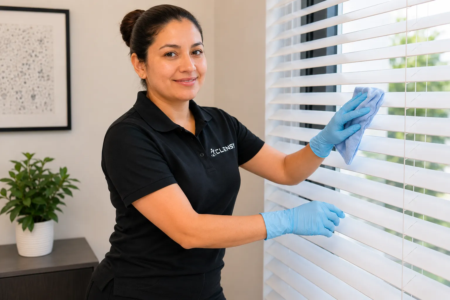 Clensy cleaner in blue gloves wiping white window blinds slat by slat