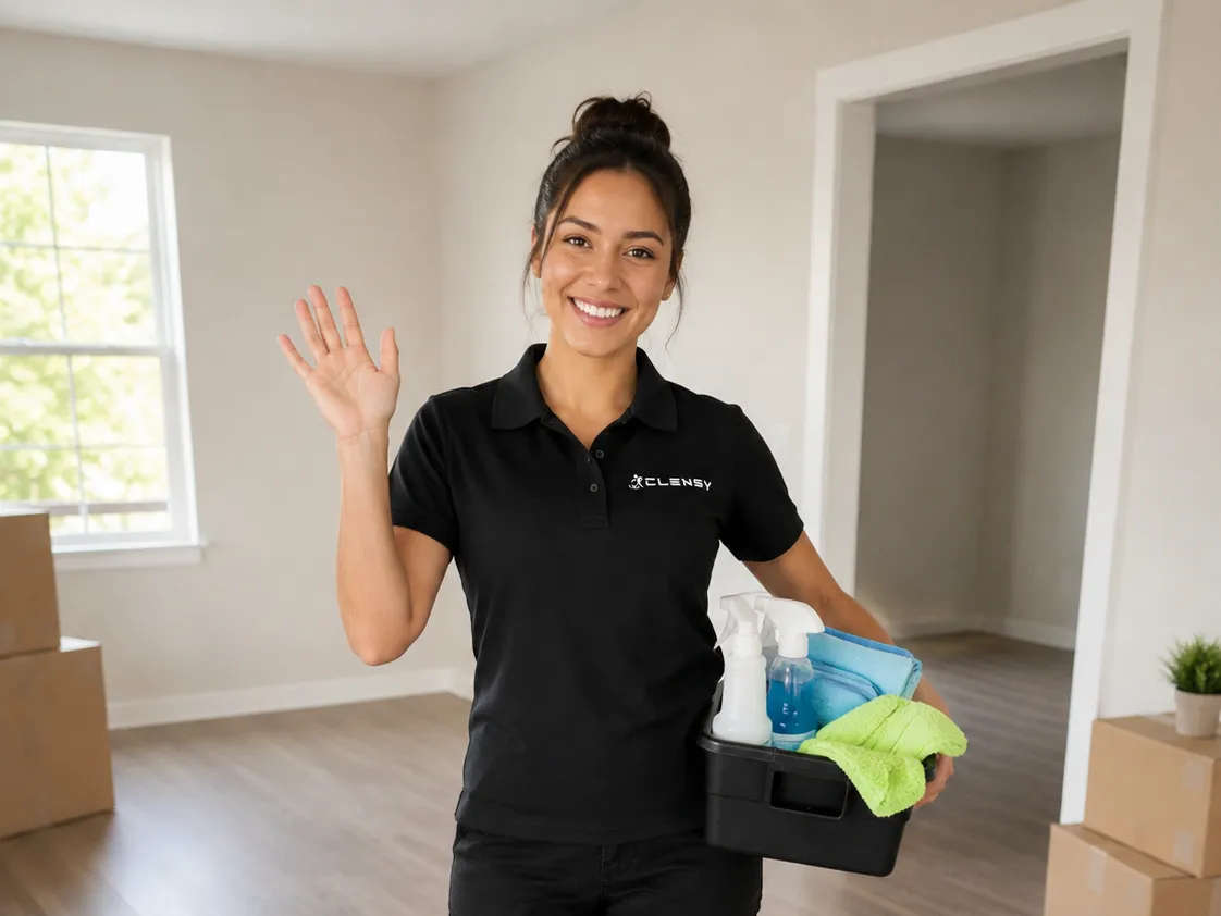 Clensy cleaner with a supply caddy in an empty room with moving boxes