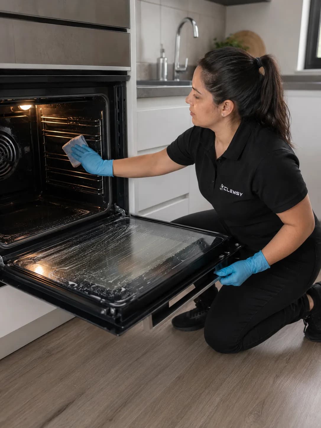 A Clensy cleaner in uniform cleaning inside an oven