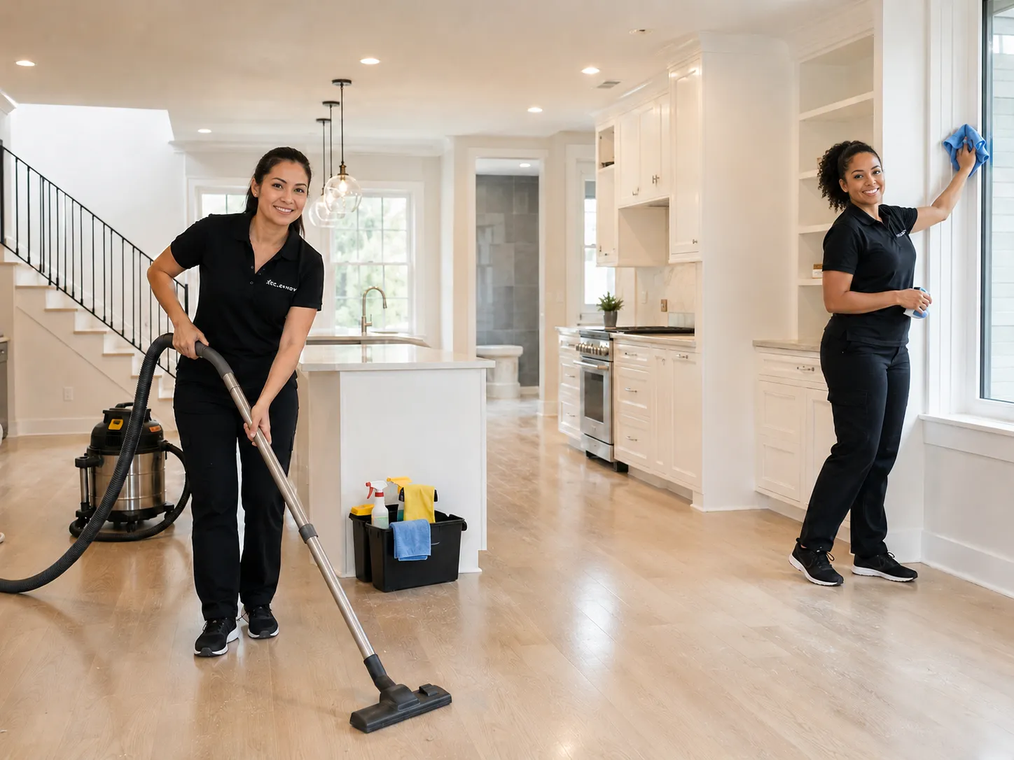 Two Clensy cleaners in uniform vacuuming and dusting an open-plan home