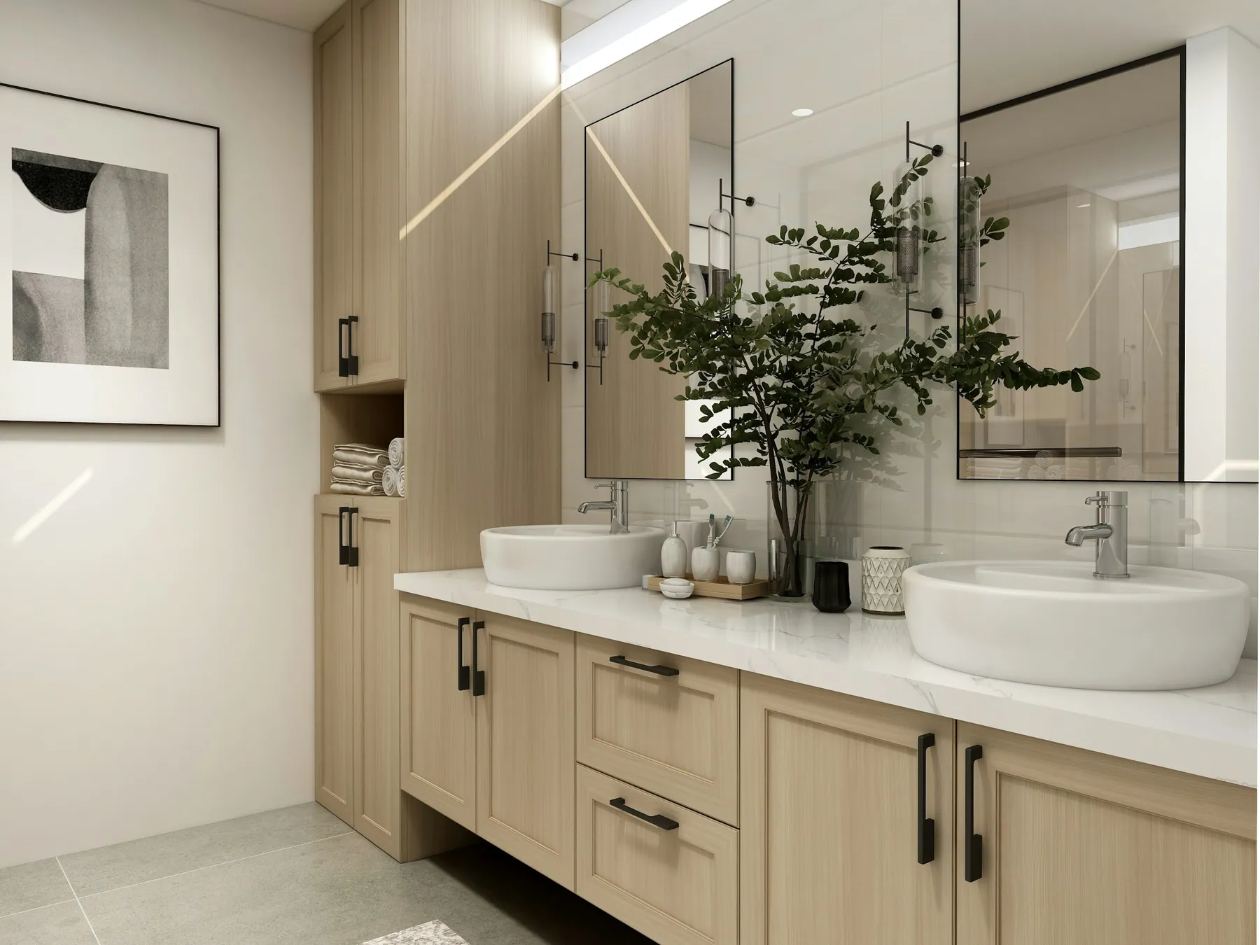 Light-wood double vanity with vessel sinks and a tidy, gleaming countertop