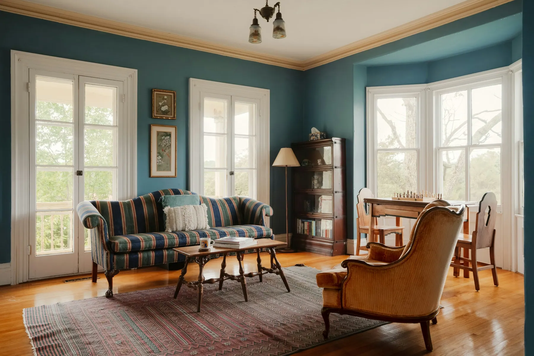 Classic teal living room with a bay window, French doors and antique furniture