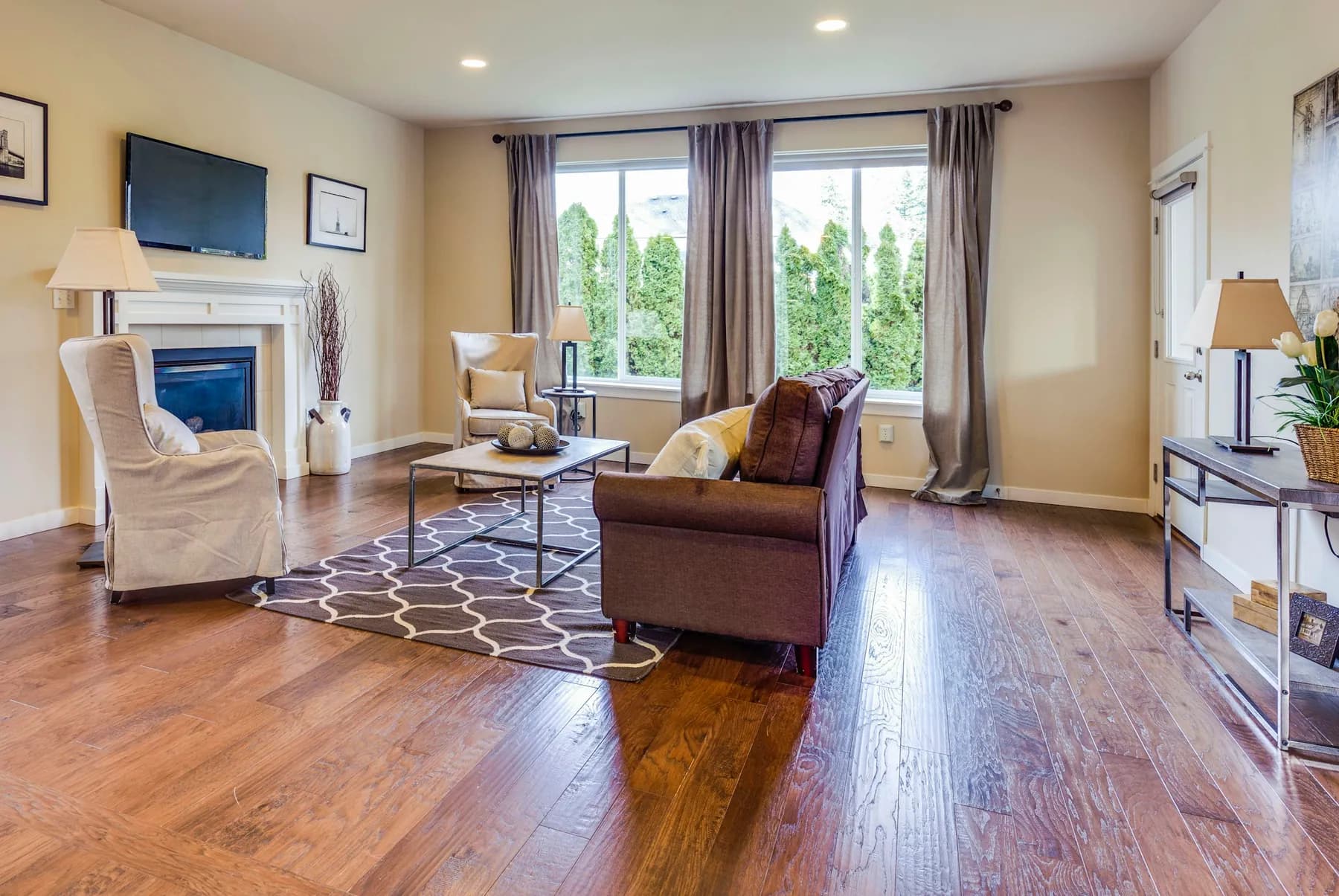 Living room with a gas fireplace, hardwood floor and patterned rug