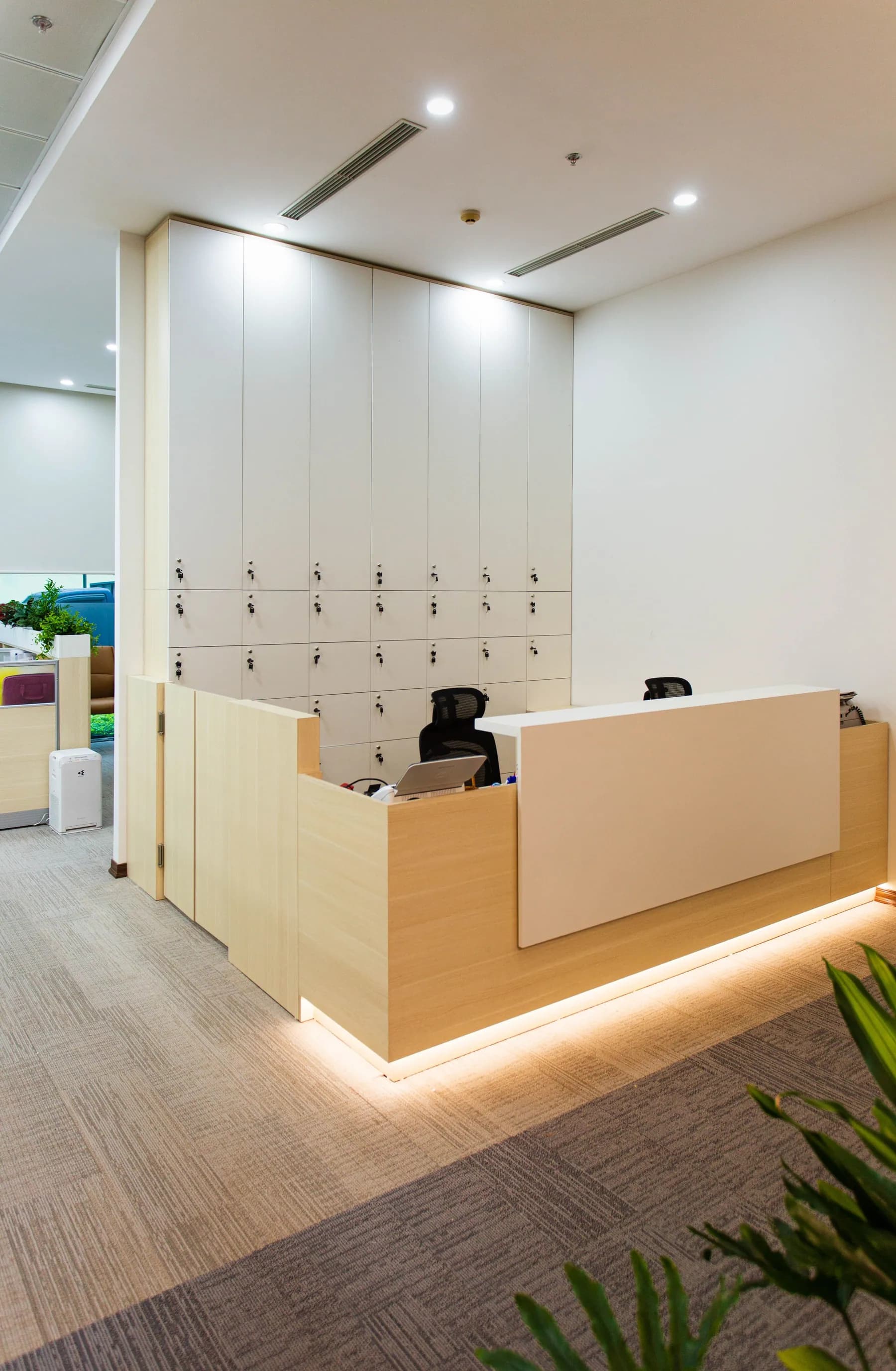 Office reception desk with a lit wood counter