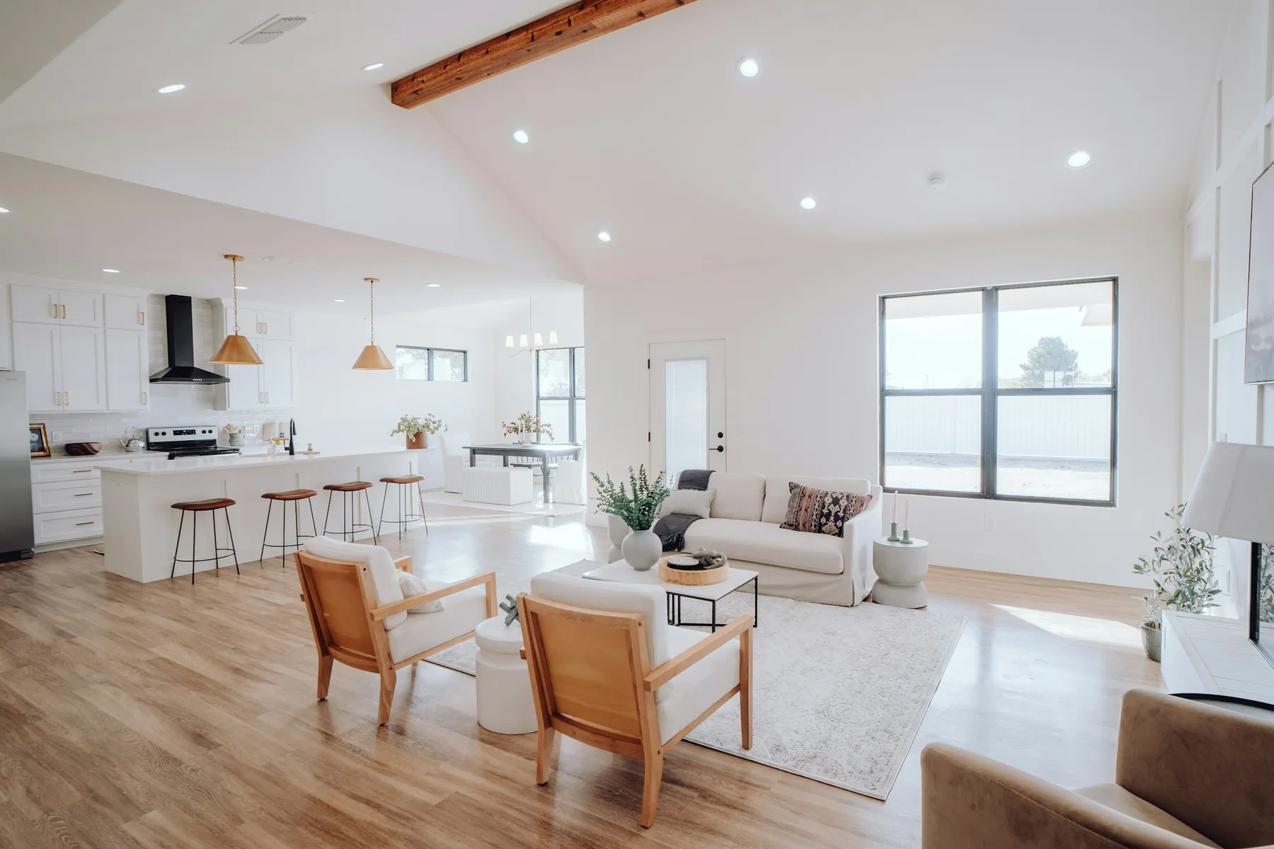 Newly built open-plan living room and kitchen with a vaulted ceiling