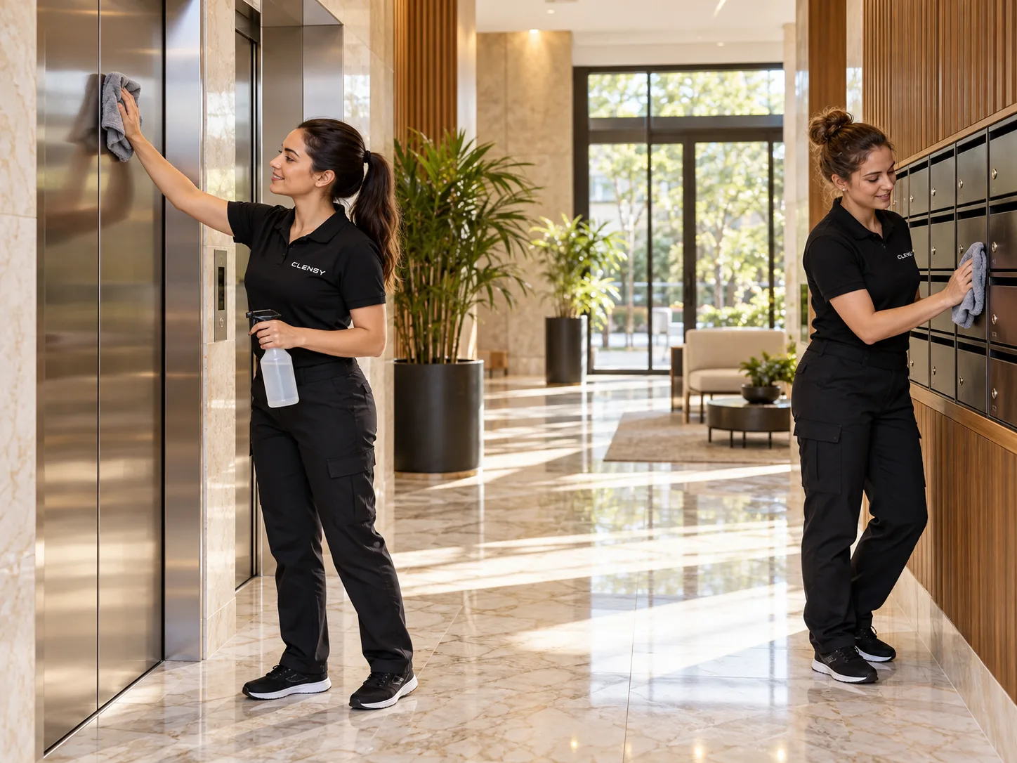 Two Clensy cleaners wiping the elevator doors and the mailboxes in a bright apartment building lobby