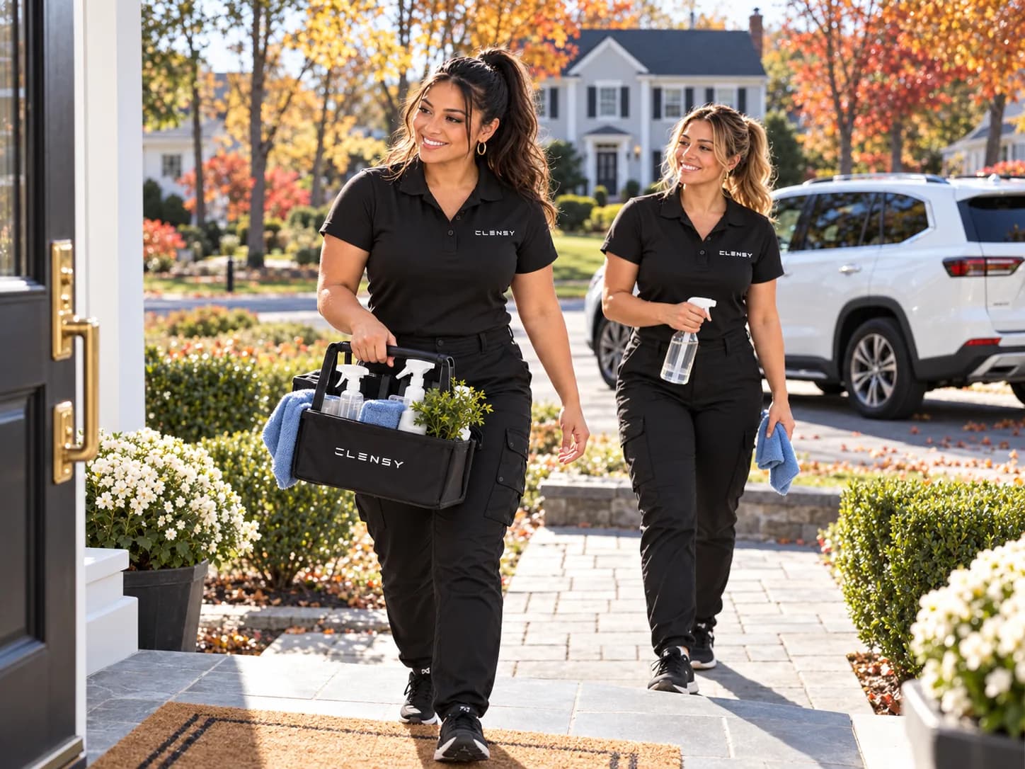 The Clensy team in uniform walking up an autumn front path with their cleaning supplies