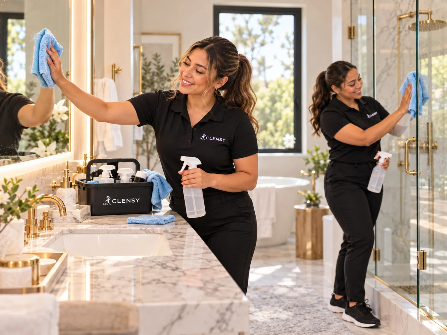 Two Clensy cleaners wiping the vanity mirror and a glass shower door in a bright marble bathroom