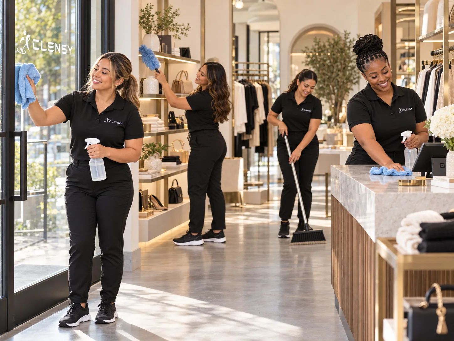 Four Clensy cleaners wiping the glass door, dusting shelves, sweeping and wiping the counter of a boutique