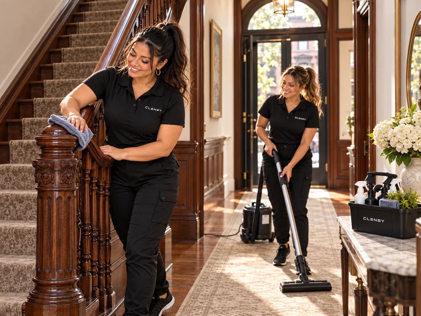 Two Clensy cleaners wiping a carved wooden banister and vacuuming the hall runner in a brownstone foyer