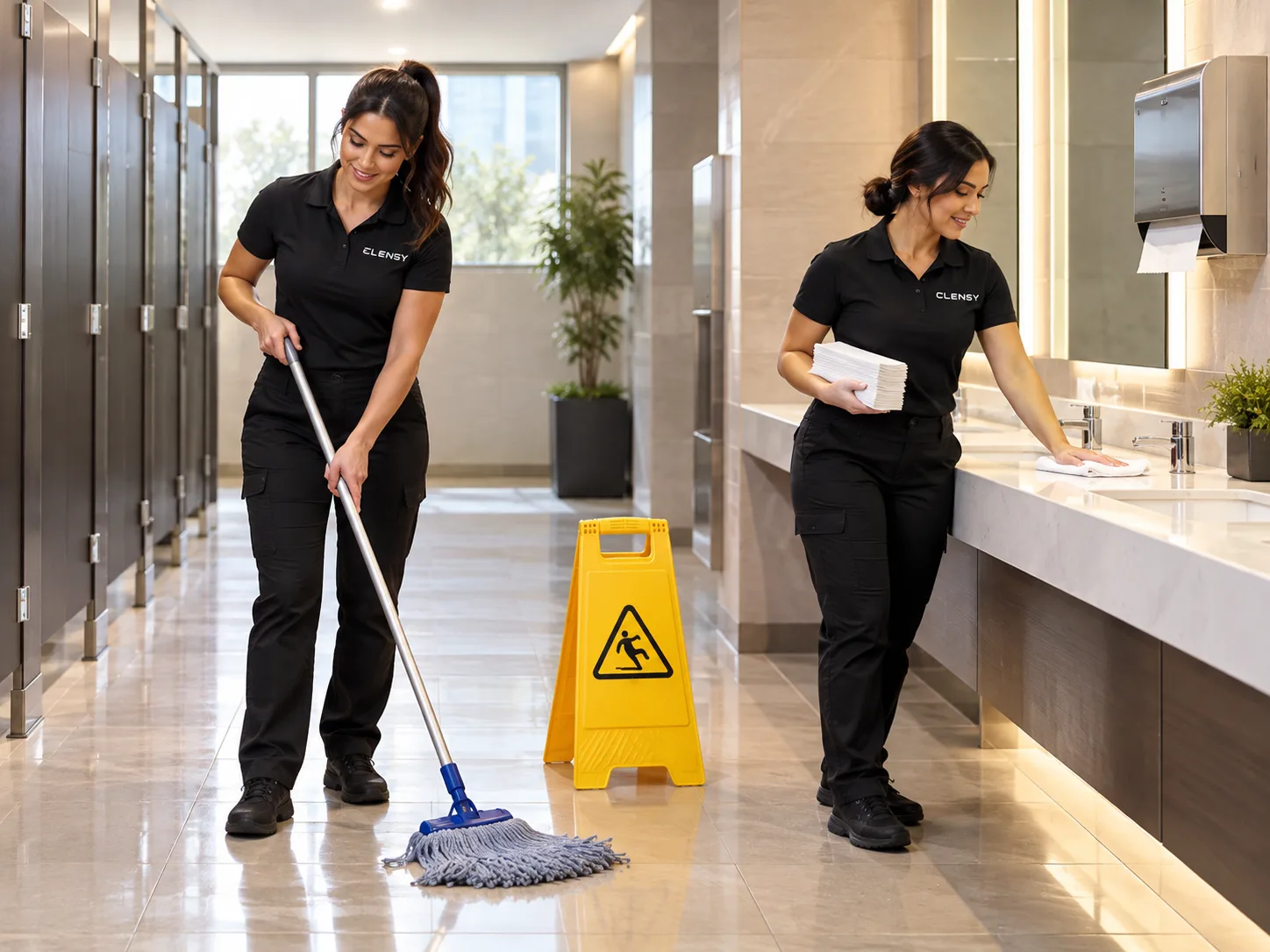 Two Clensy cleaners mopping the floor and wiping the counter of a bright public restroom beside a wet-floor sign
