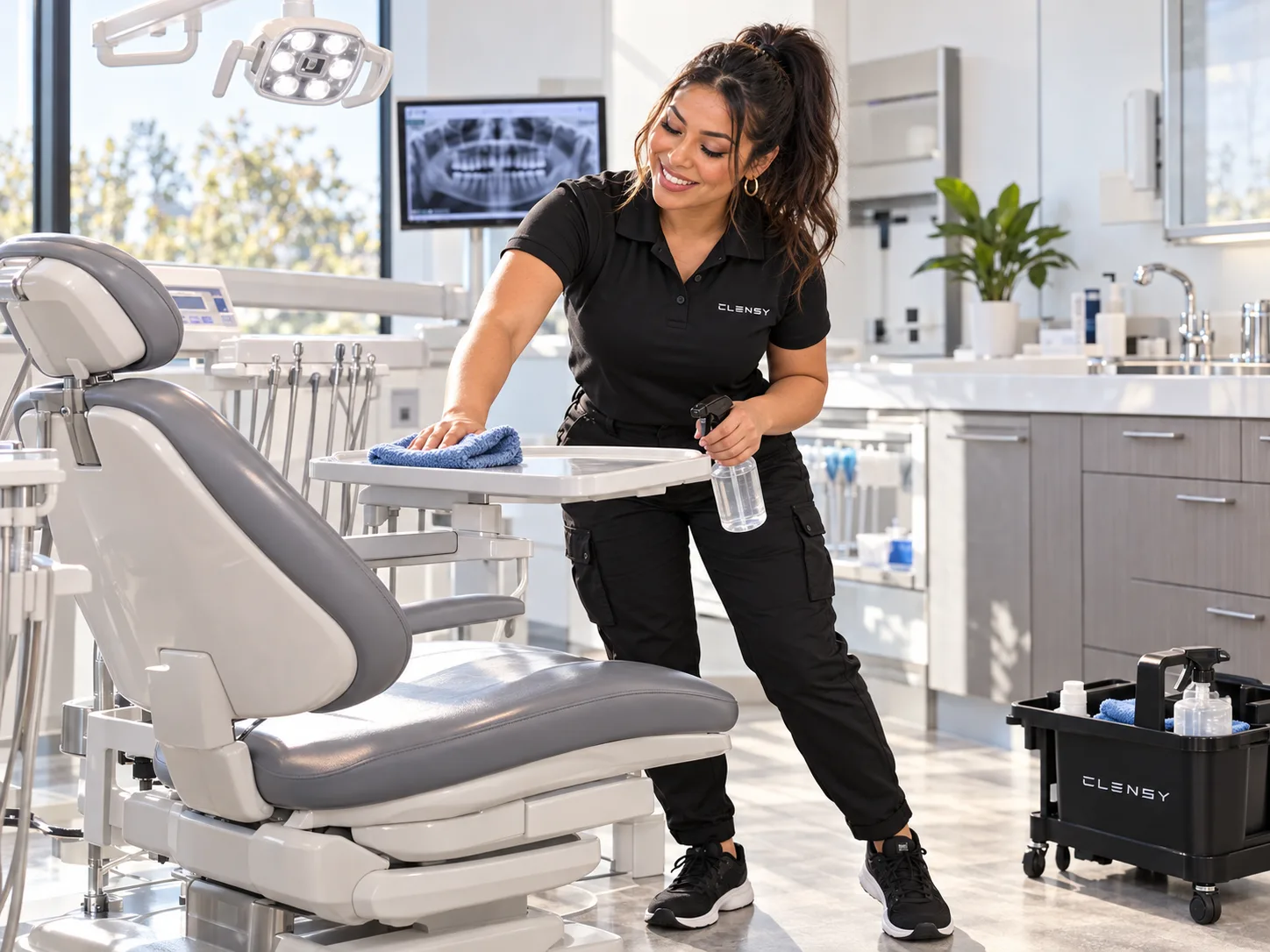 Clensy cleaner wiping the instrument tray beside the patient chair in a bright dental office