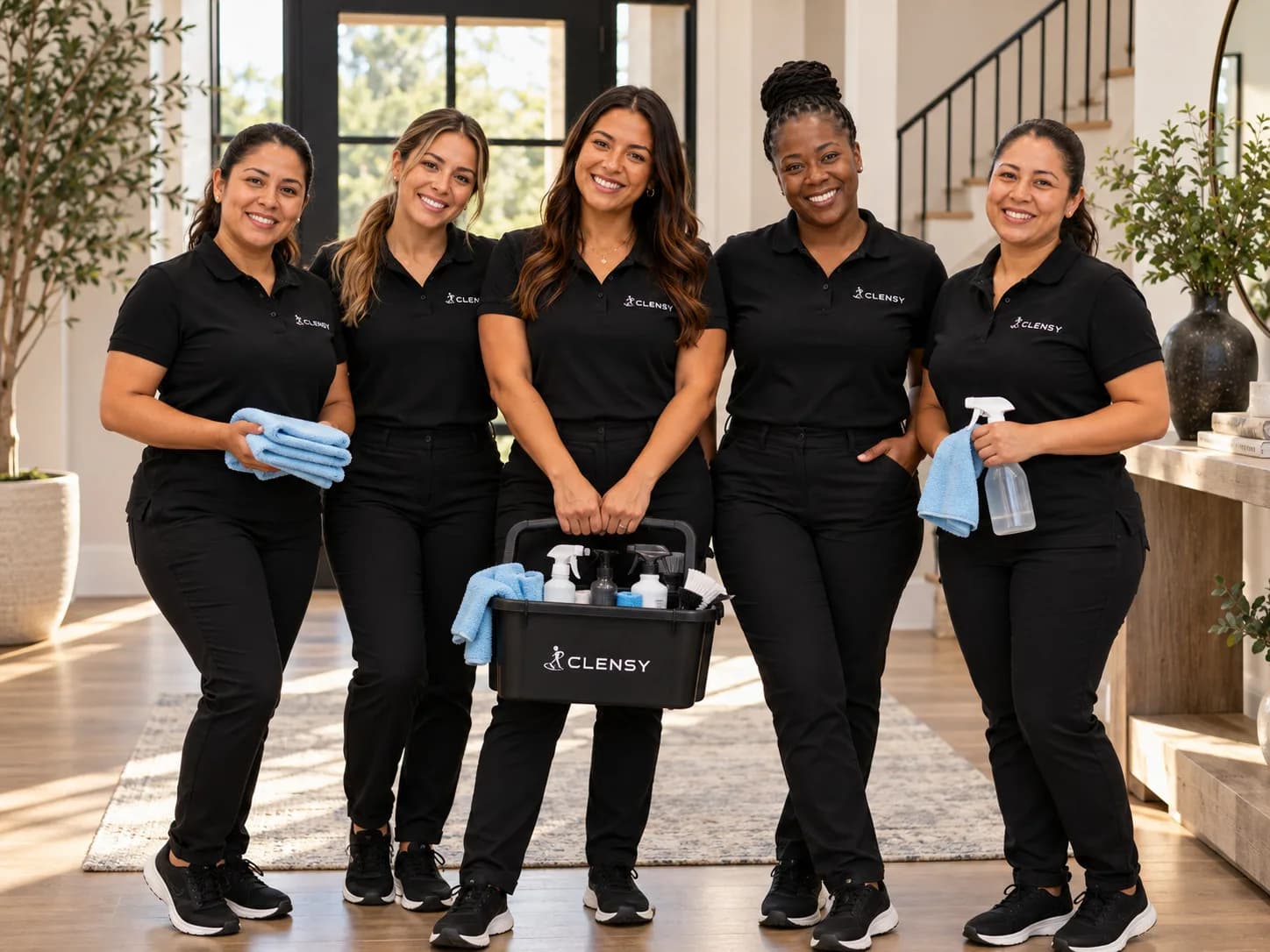 Five Clensy cleaners standing together in a bright home entryway with cloths, spray bottles and a supply caddy