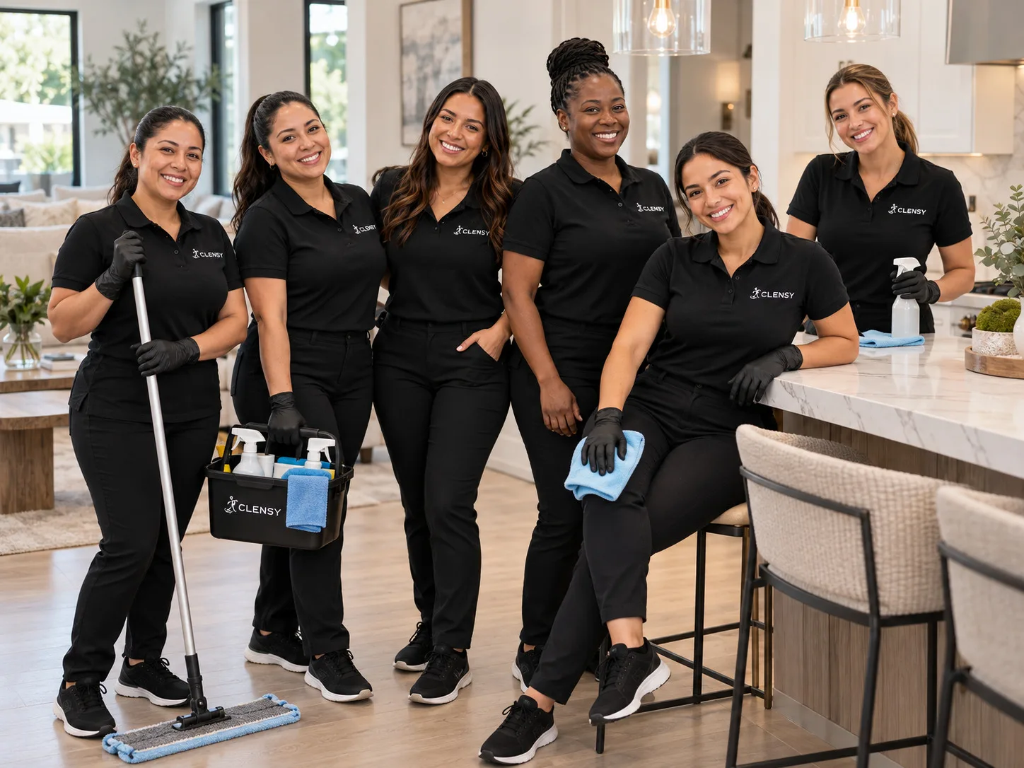 Six Clensy cleaners in gloves posing in a bright kitchen with a flat mop, a supply caddy and a spray bottle