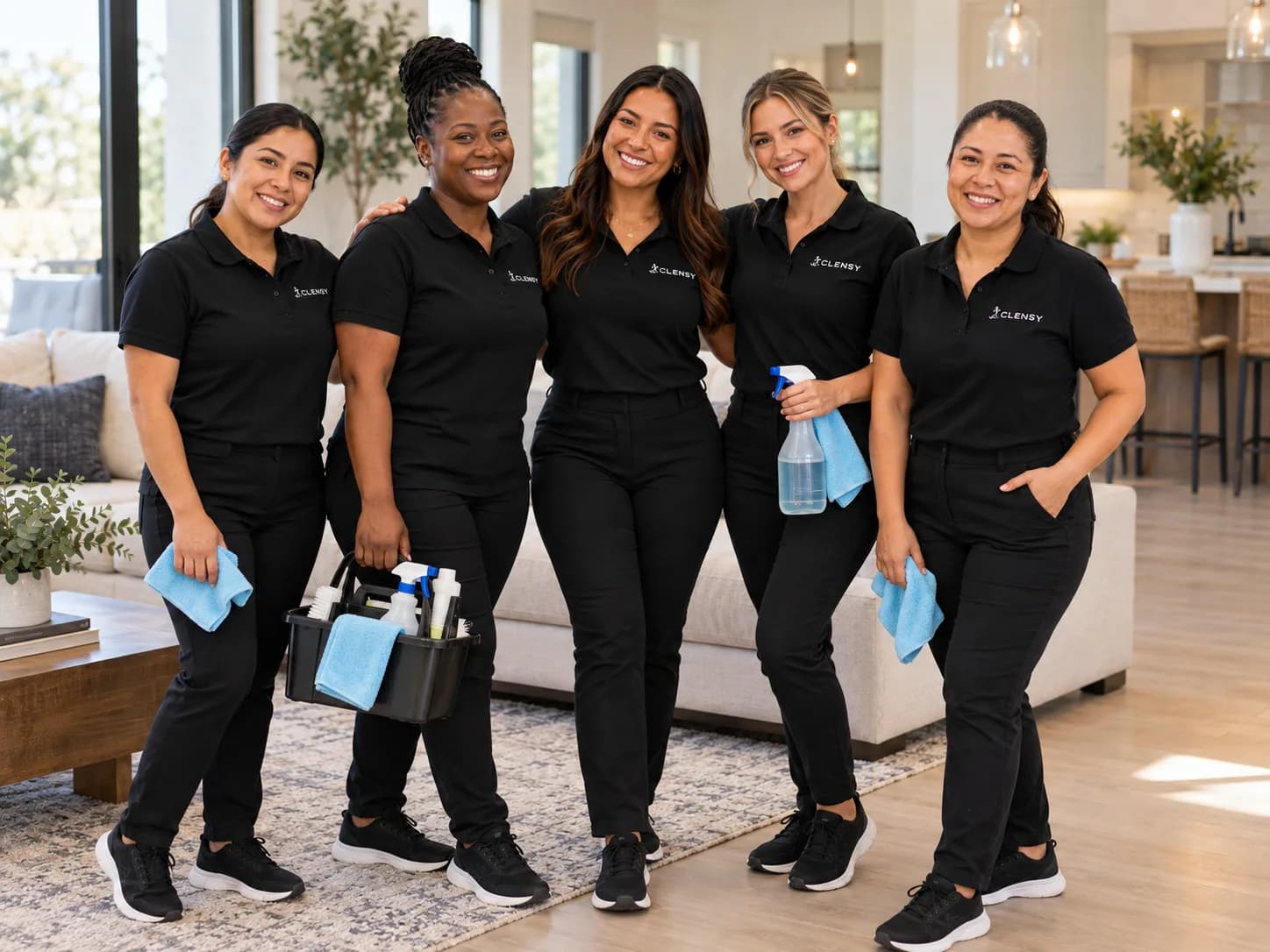 Five Clensy cleaners with their cloths and supplies in a bright living room