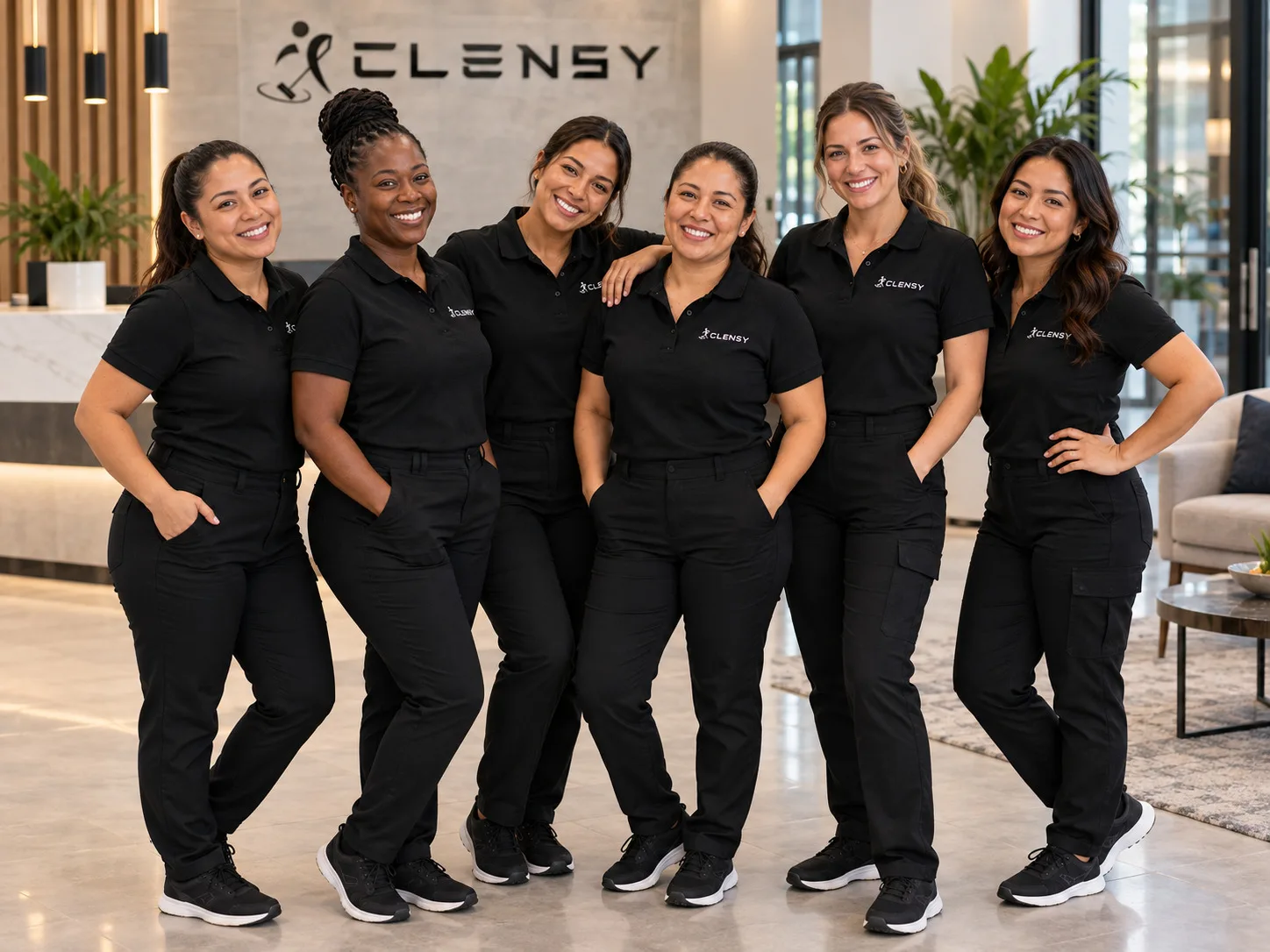 Six smiling Clensy team members posing together in a lobby under a large Clensy wall logo