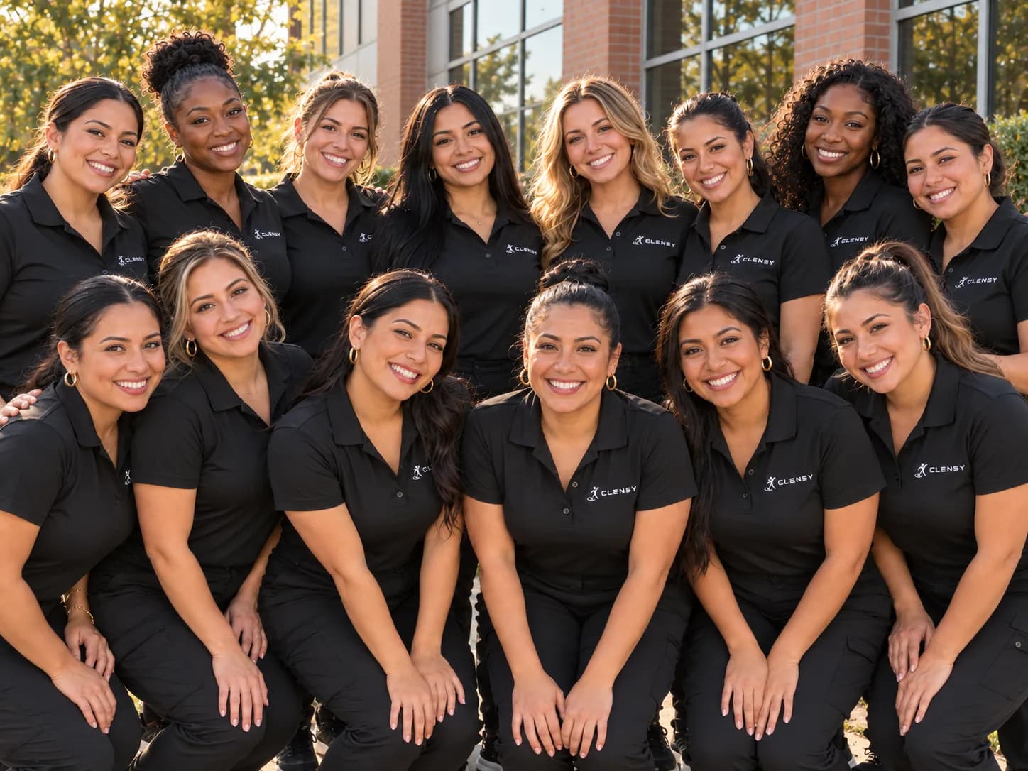 Fourteen smiling Clensy team members in Clensy polos posing together outside a brick and glass building