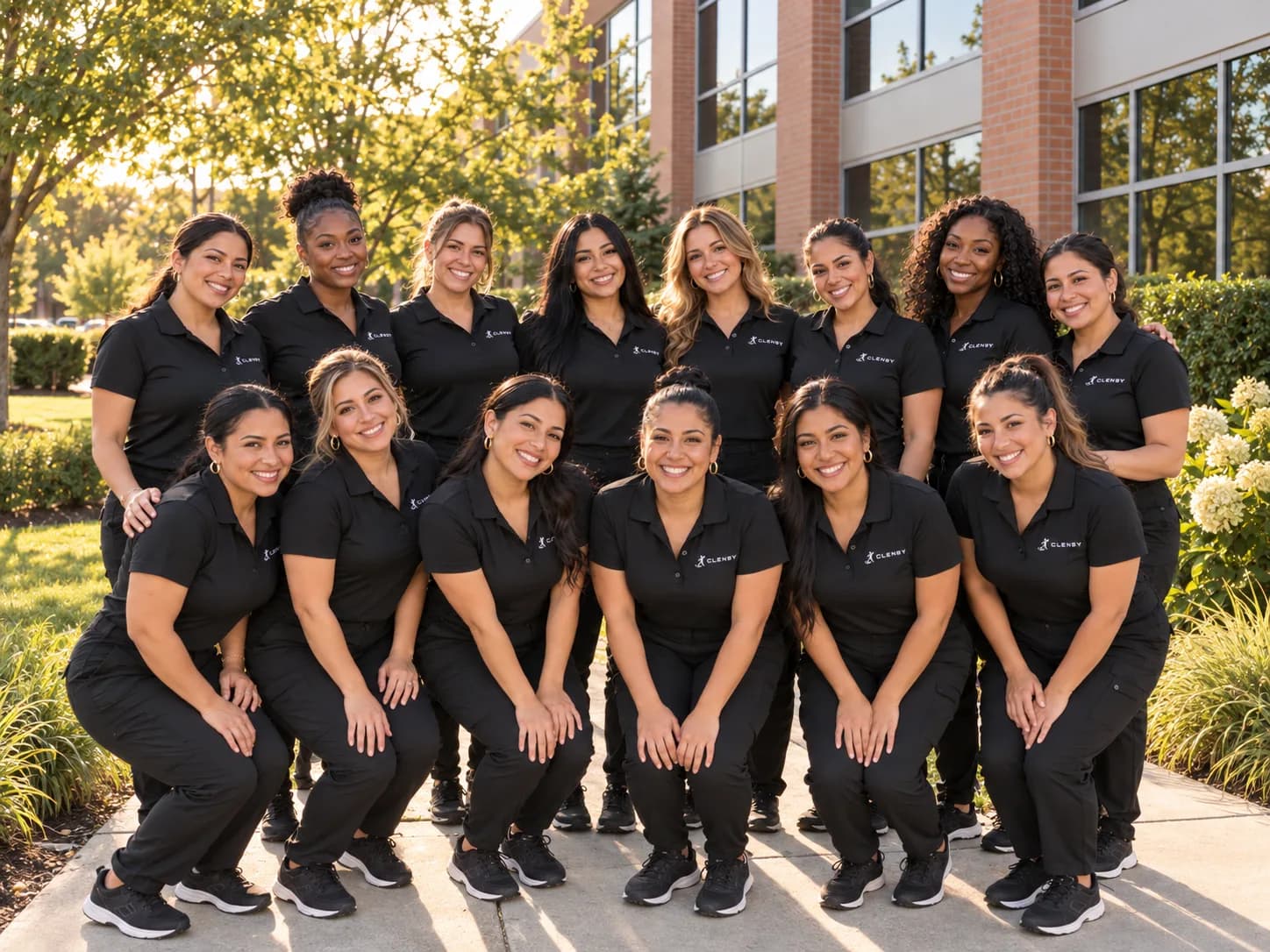 The Clensy team, fourteen cleaners in black Clensy polos, smiling together outside an office building at golden hour