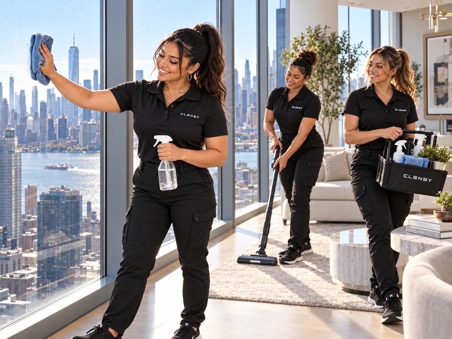 Clensy cleaners in uniform cleaning a high-rise condo with a city view