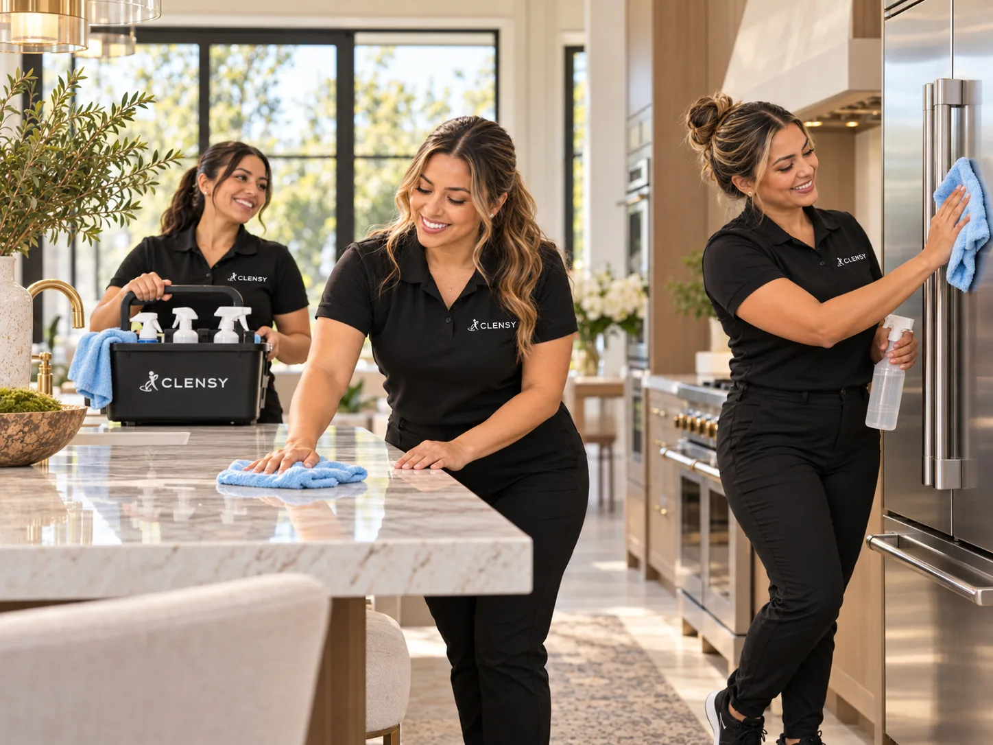 Three Clensy cleaners in a bright kitchen wiping the marble island and the refrigerator door, a supply caddy on the counter