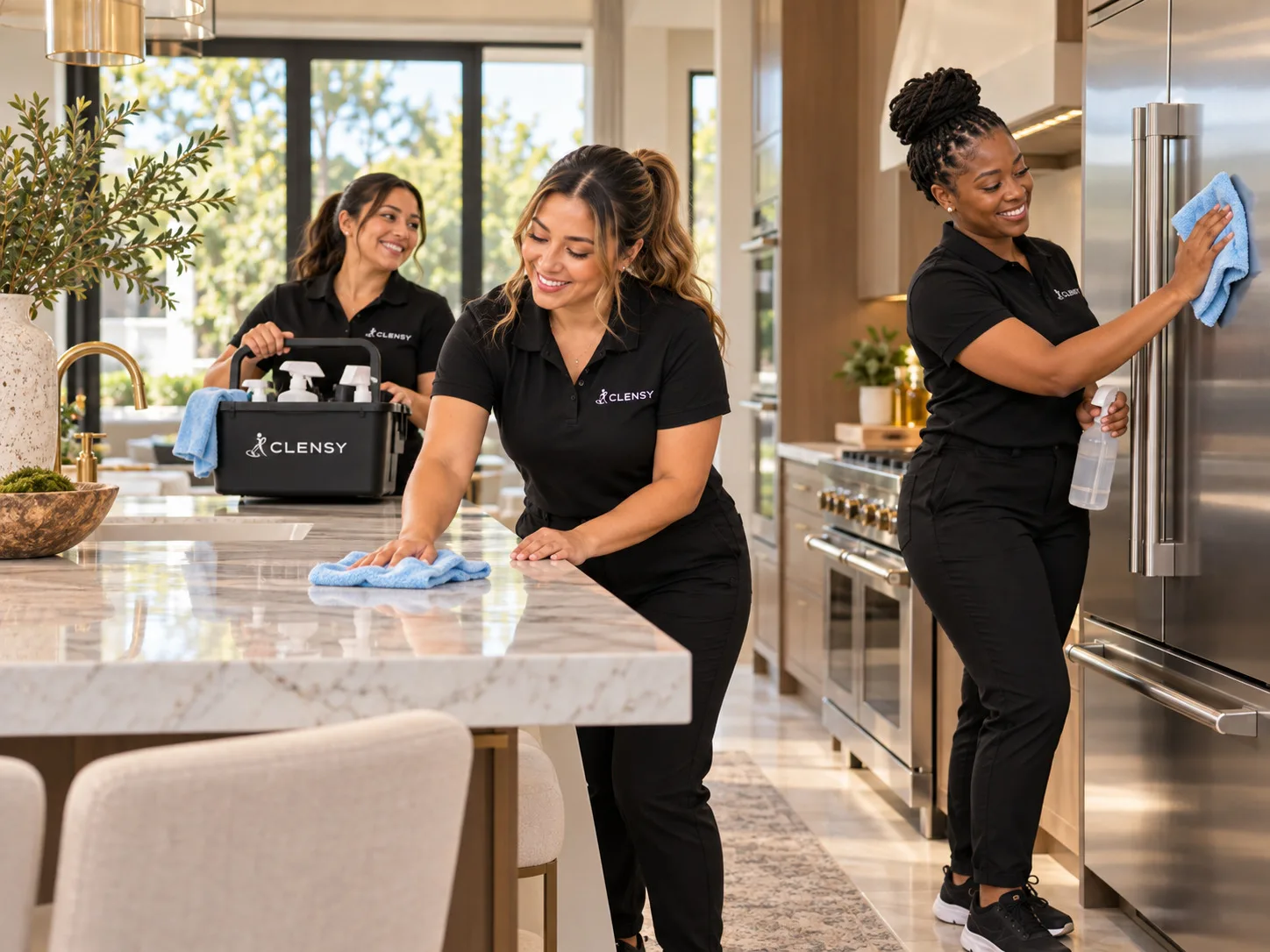 Three Clensy cleaners wiping down a marble kitchen island and a stainless refrigerator, a supply caddy on the counter