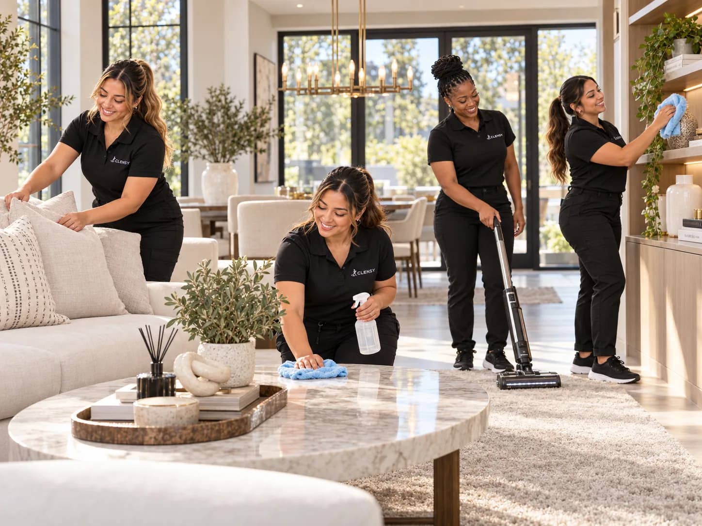 Four Clensy cleaners dusting, vacuuming and tidying a bright living room