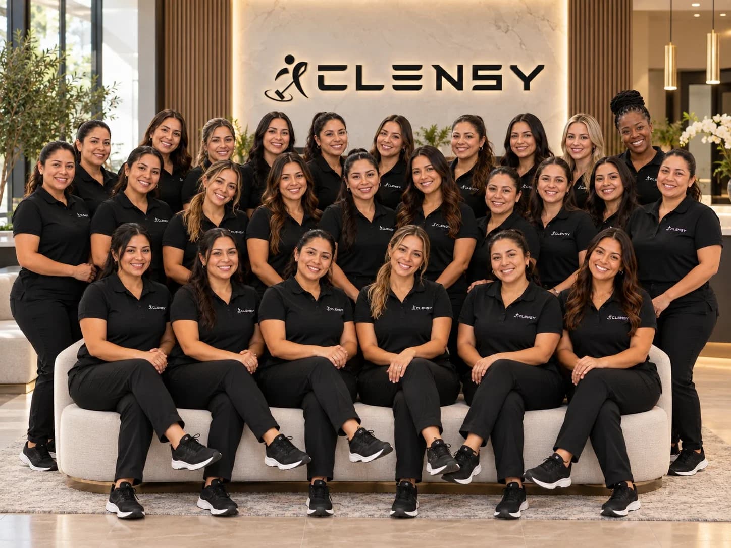 The Clensy team together in the Clensy office lobby
