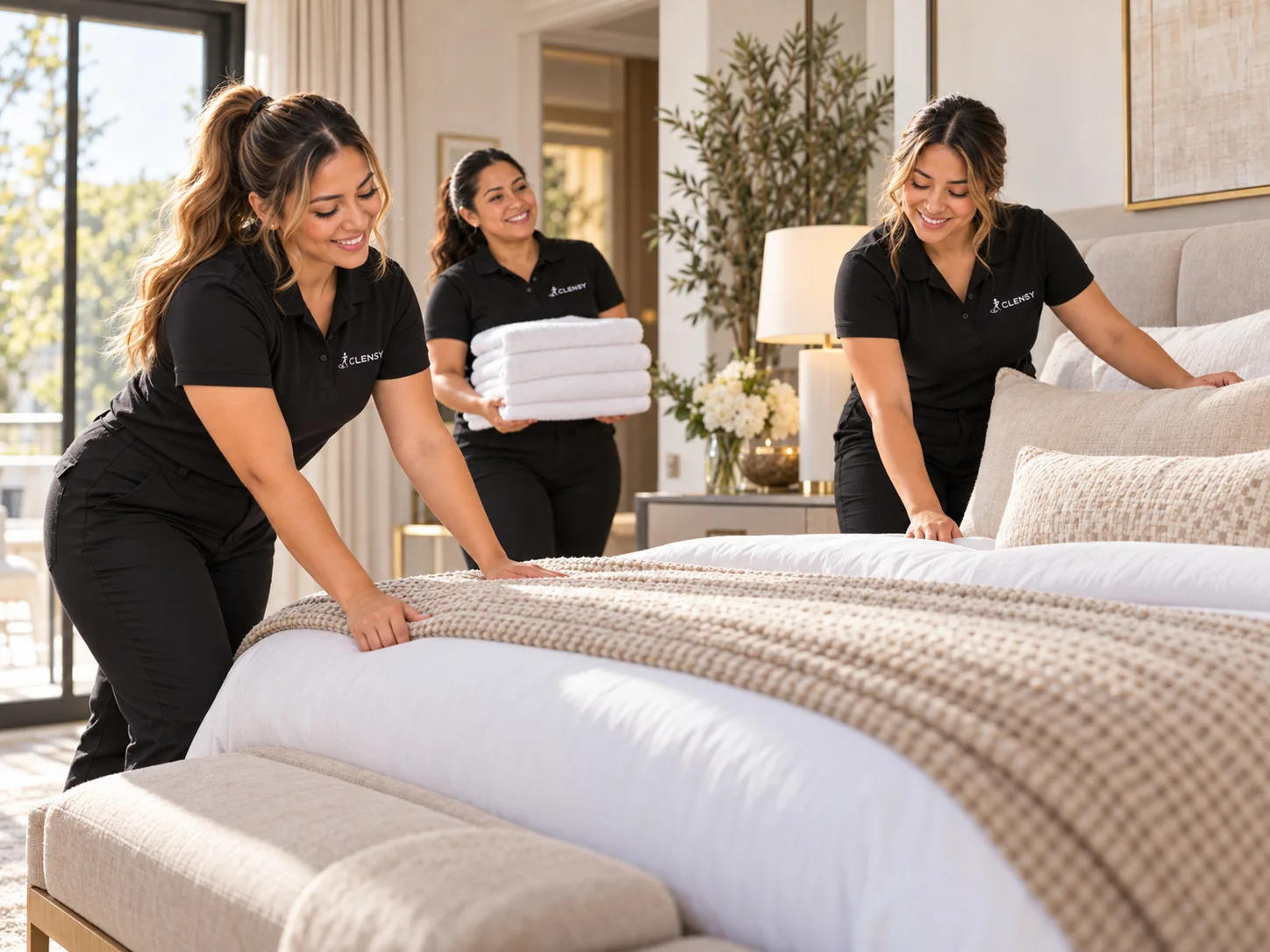Three Clensy cleaners making a bed and bringing fresh towels