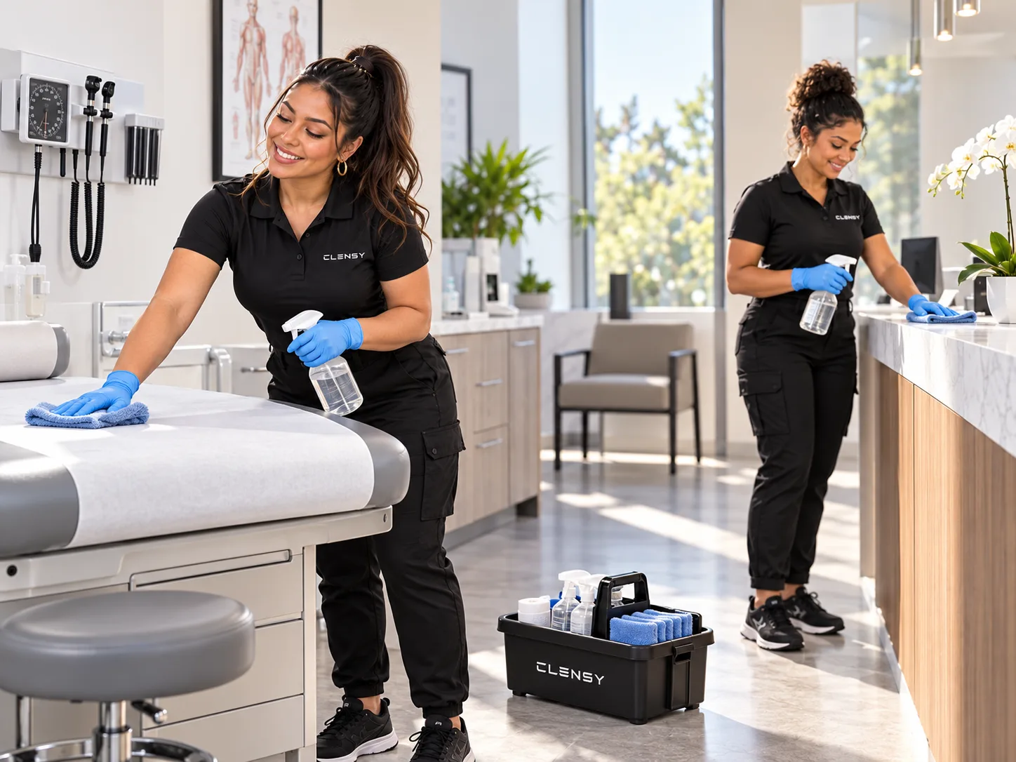 Clensy cleaner in gloves wiping a medical exam table while a teammate wipes the counter in a bright clinic