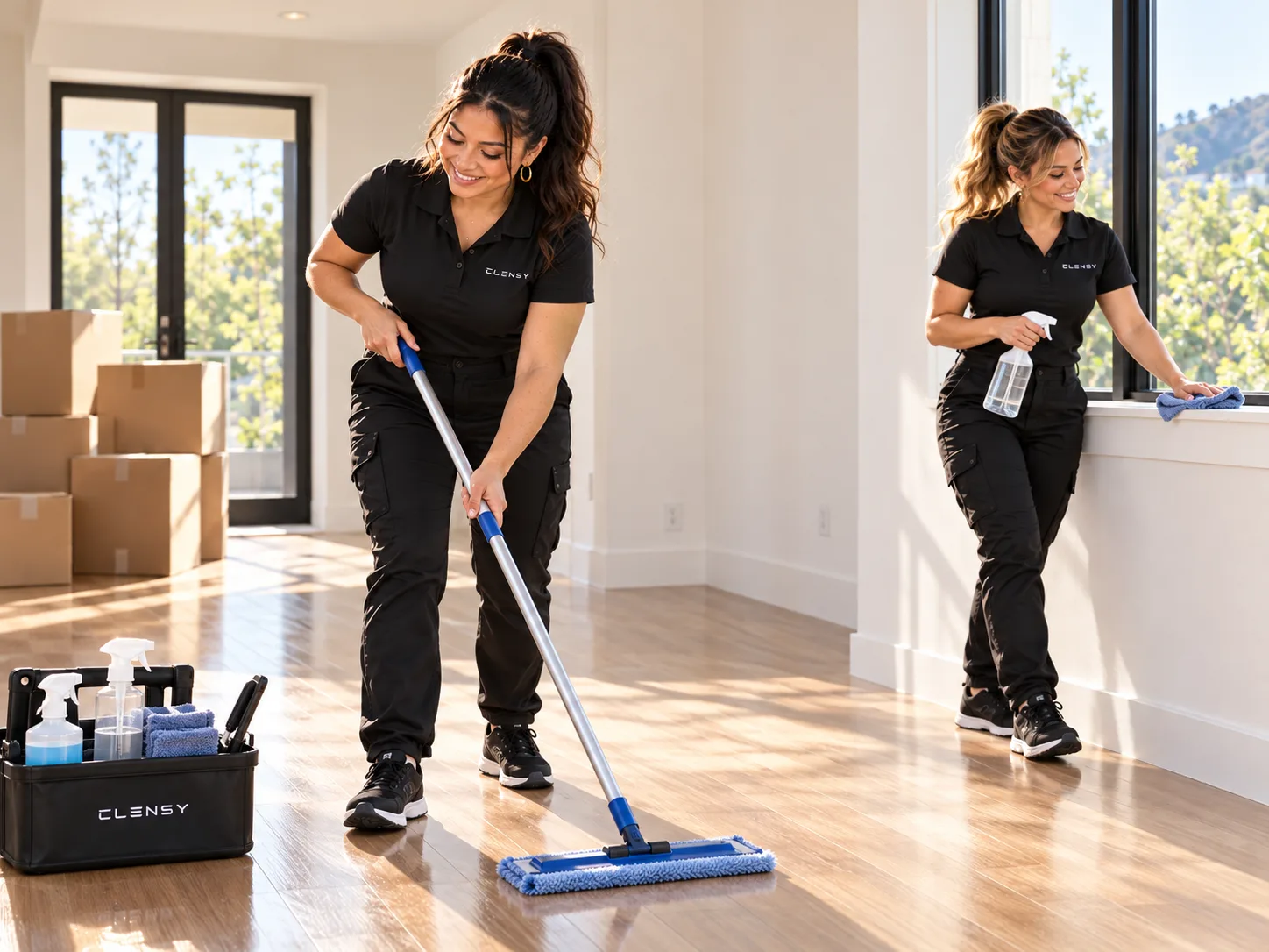 Clensy cleaner mopping the wood floor of an empty home beside moving boxes while a teammate wipes the windowsill