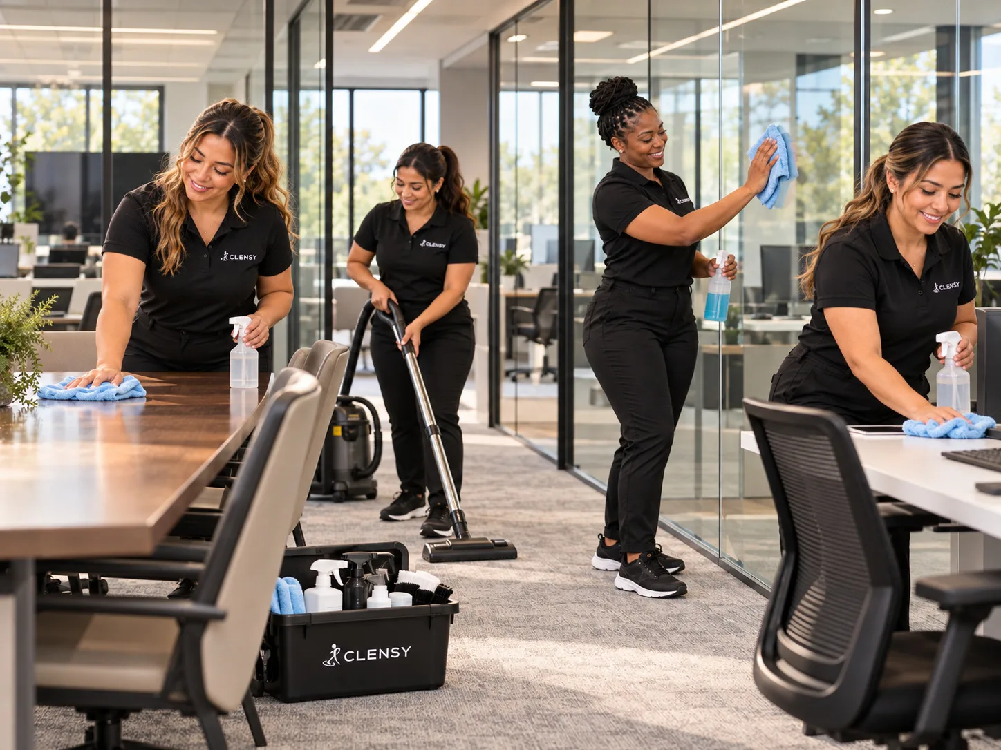 Four Clensy cleaners wiping desks, vacuuming and cleaning glass in an open-plan office