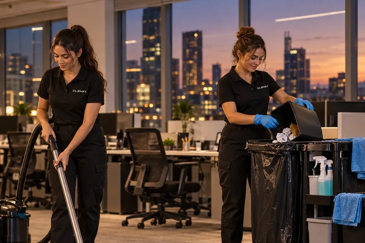 Two Clensy cleaners vacuuming and emptying bins between office desks at dusk