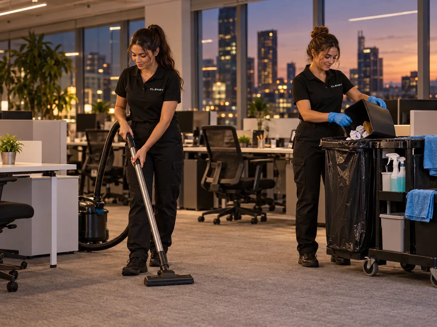 Two Clensy cleaners vacuuming between desks and emptying a waste bin into a cart in an office after hours