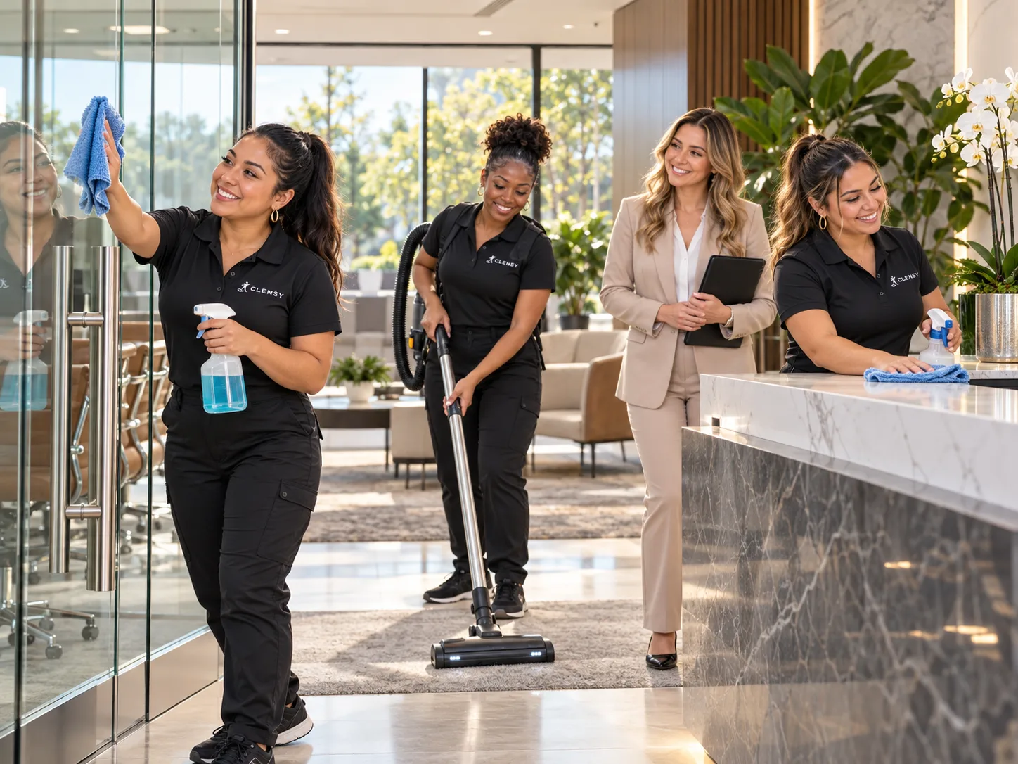 Three Clensy cleaners wiping a glass door and the reception counter and vacuuming an office lobby as a manager looks on