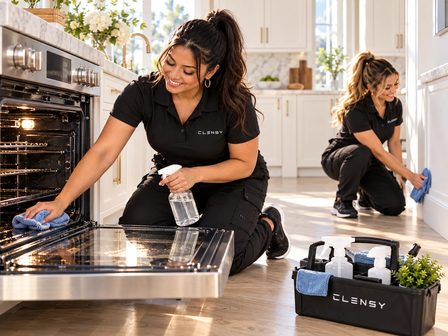 Clensy cleaner cleaning inside an oven while a teammate wipes the cabinets