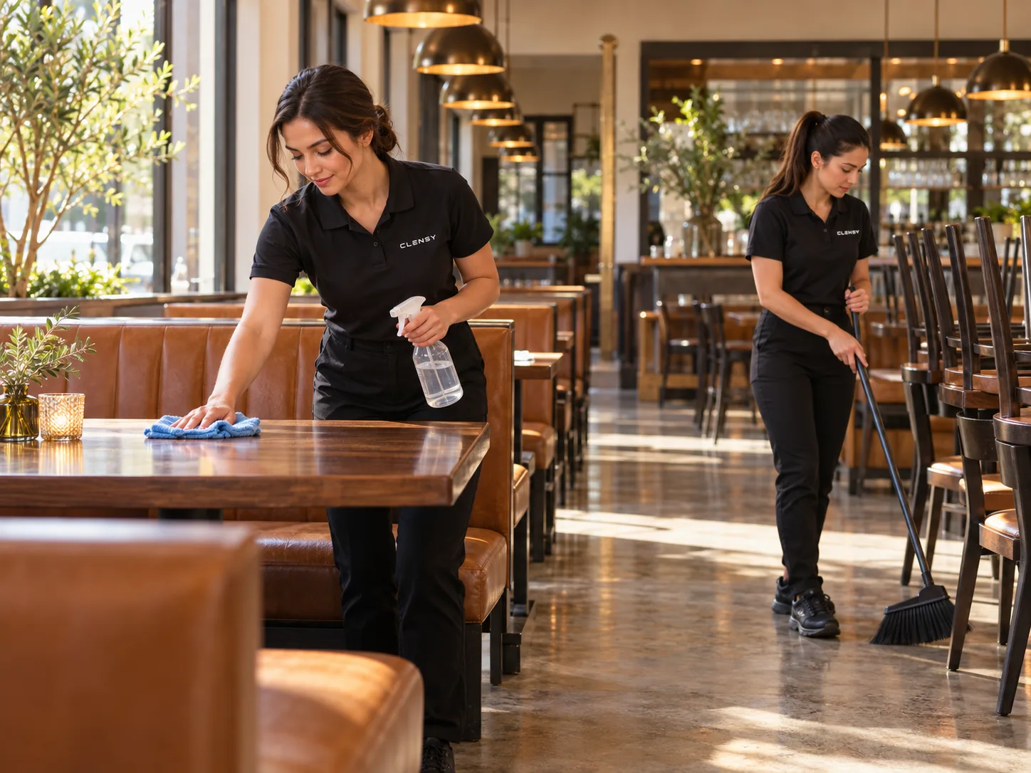 Two Clensy cleaners wiping a table and sweeping the floor of a sunlit restaurant before it opens
