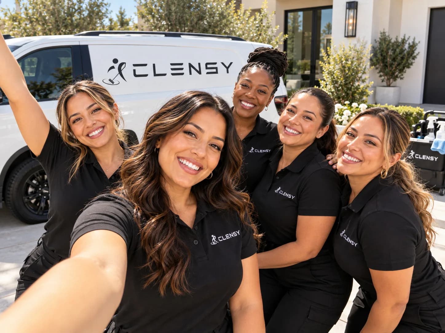 Five Clensy teammates taking a selfie in front of a Clensy van
