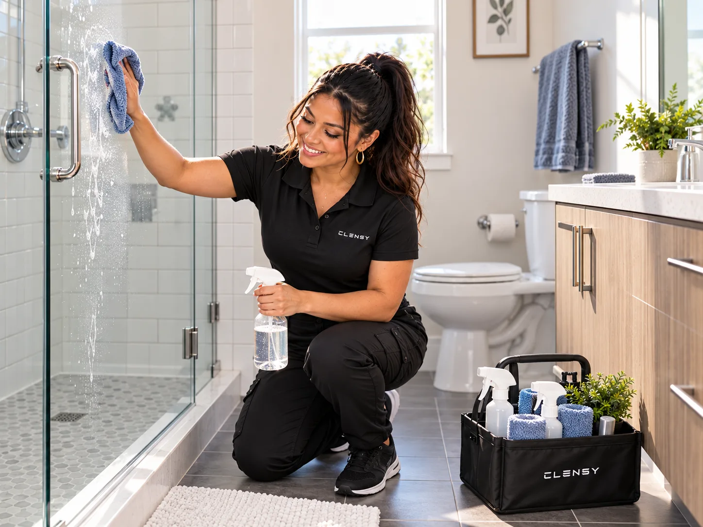 Clensy cleaner wiping a glass shower door