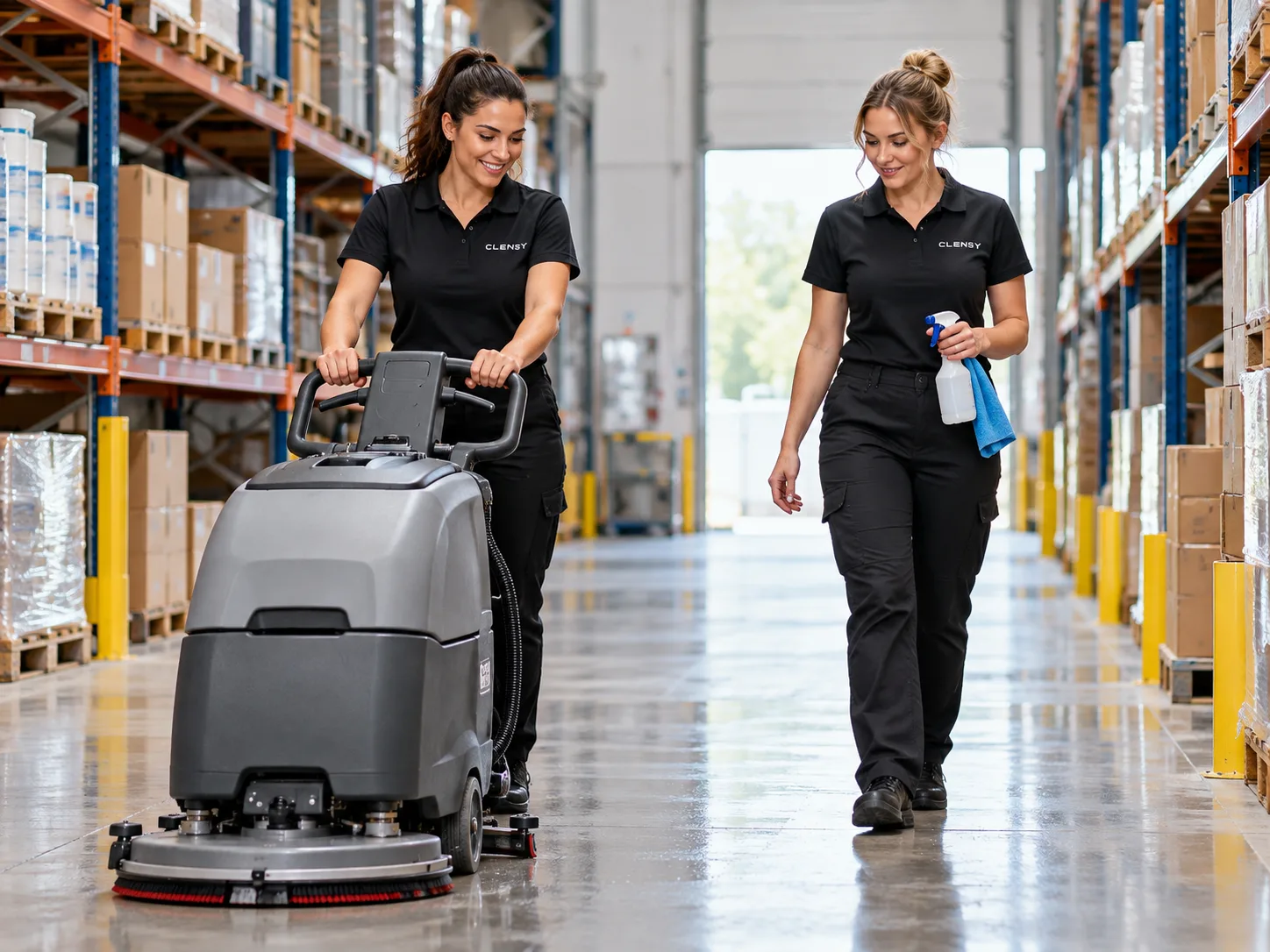 Two Clensy cleaners running a walk-behind floor scrubber down a clean warehouse aisle